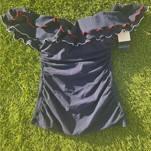 Gottex Double Layer Flounce Off The Shoulder Tankini Navy Size 8